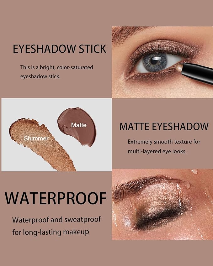 Eyeshadow Stick Waterproof, Cream to Powder Long Lasting Eye Shadow Stick Buildable& Blendable,Shimmer Matte Crayon Eyeshadows Pencil Eyes Highlighter Eyeliner Sticks Makeup,Vegan & Cruelty-Free-05