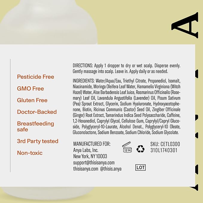 ANYA Postpartum - Scalp Serum with Biotin (1 fl oz, 30 ml), Hair Growth Serum for Fuller and Thicker hair, Helps with Postpartum Hair Loss, Follicle Stimulator, Plant-Based, Non-toxic, Vegan