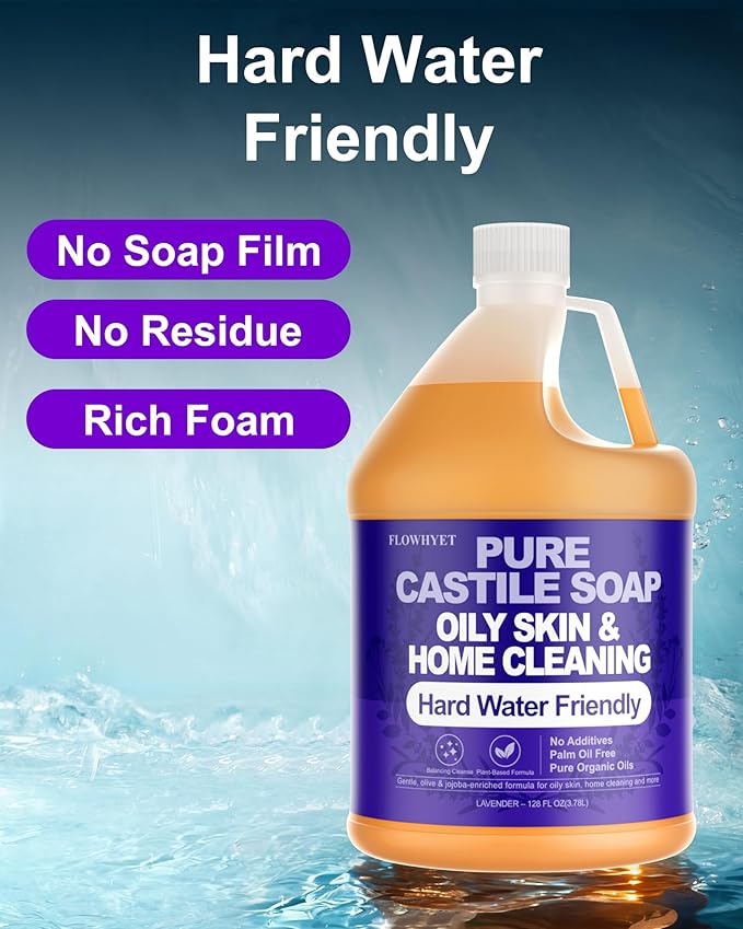 1 Gallon Lavender Liquid Castile Hand Soap Refill, Pure Natural Organic For Oily Skin, Hand, Bath, Body, Laundry, Dishes, Home Cleaning Vegan Hard Water Friendly - Lavender 128 Fl Oz