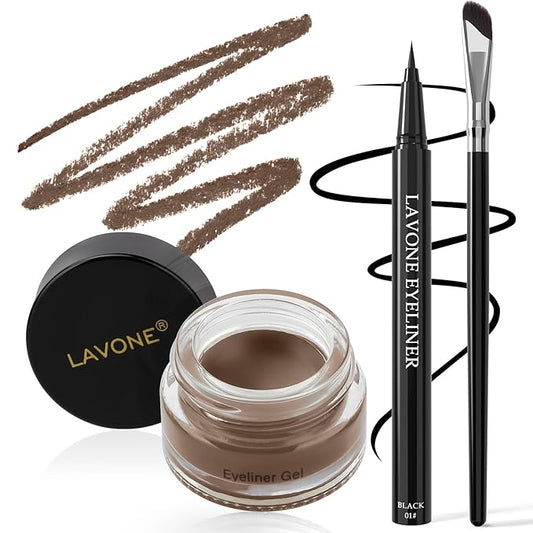 LAVONE Eyeliner Set - Waterproof Makeup Kit with Liquid Eye Liner Pencil, Gel Eyeliner and Angled Eye Liner Brush, Waterproof, Smudge Resistant, Long Lasting Formula - Brunette
