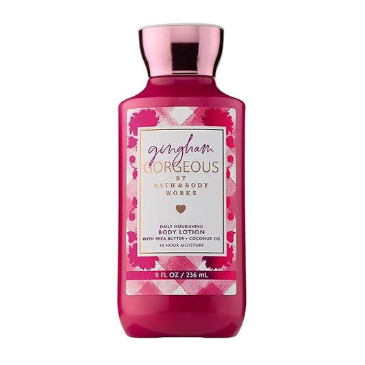 Bath & Body Works Gingham Gorgeous Body Lotion, Lightweight Daily Moisturizer with Shea Butter & Coconut Oil – Pink Strawberries, Peony Blooms, and Peach Nectar Scent, 8 fl oz - 1 Pack