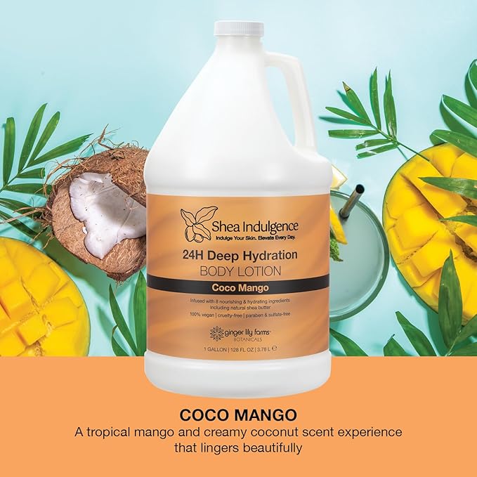 Ginger Lily Farms Botanicals Shea Indulgence 24H Deep Hydration Body Lotion, Coco Mango, 100% Vegan & Cruelty-Free, Coconut Mango Scent, 1 Gallon (128 fl oz) Refill