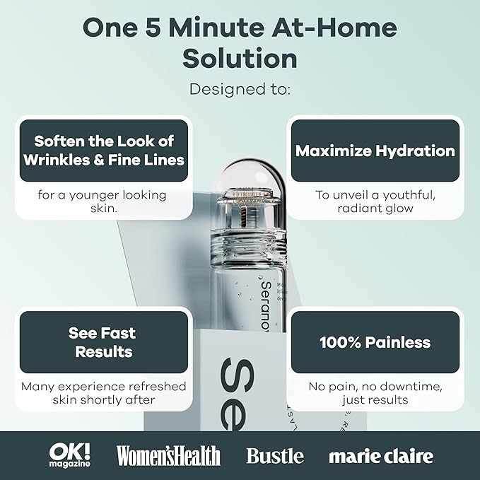 Seranova Micro Infusion System for Face & Neck 0.05mm Stamp with Hyaluronic Acid & Collagen Peptide Serum for Firmer Smoother-Looking Skin, Easy 5-Minute At-Home Skin Care Application - 2 Month Supply