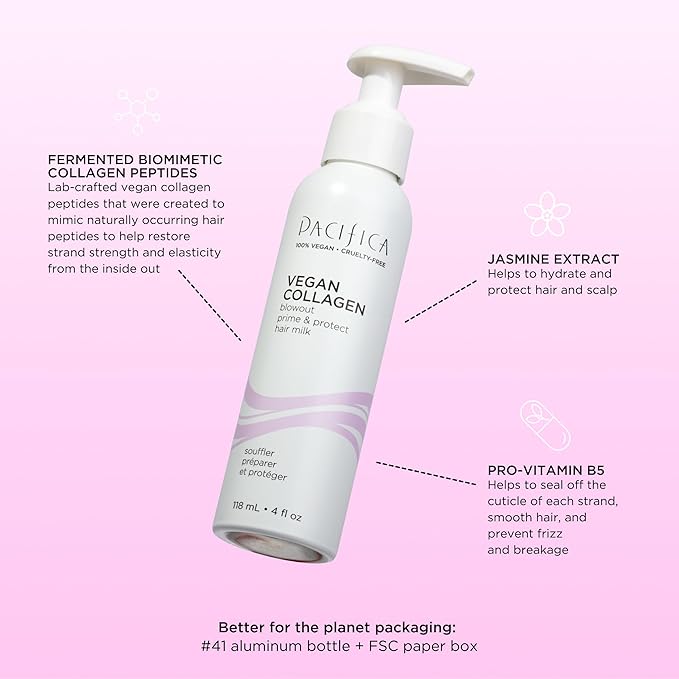 Pacifica Heat Protection Spray for Hair - Vegan Collagen Blowout Prime & Thermal Protection Hair Milk - Blow Dry Spray - for Curly, Wavy & Straight Hair - Vegan & Cruelty-Free Dermatologist Tested