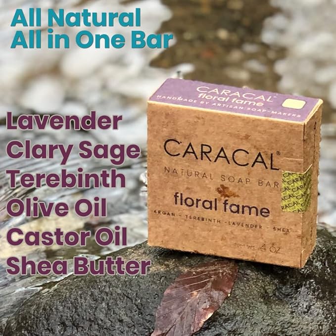 CARACAL Floral Fame Vegan Herbal Natural Women's Men's Soap Bar, Strong Smoky Lavender, Clary Sage, Terebinth Fruit, Olive, Castor Oils & Shea Butter - Long Life