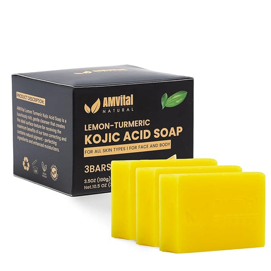 AMVital Lemon Turmeric Kojic Acid Soap Bar - 3-Pack Plant-Based Face & Body Bar Soap - Gentle Daily Soap for All Skin Types - Vegan Skincare Gift for Men & Women