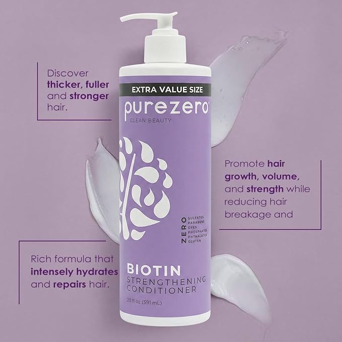 Purezero Biotin Shampoo & Conditioner Set - Anti Thinning Formula - Volumizing, Thicker, Fuller Hair - Zero Sulfates, Parabens, Dyes, Gluten - 100% Vegan & Cruelty Free (20 Fl Oz (Pack of 2))