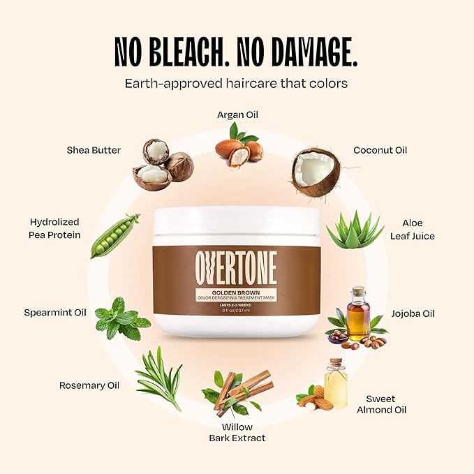 Overtone Semi Permanent Hair Color Conditioner, Golden Brown, 8 oz, Nourishing, Damage-Free, Color Depositing Mask for All Hair Types with Shea Butter & Coconut Oil, Vegan & Cruelty-Free