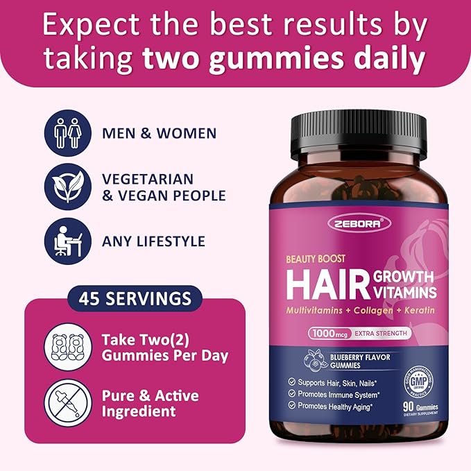 ZEBORA Hair Growth Vitamins with Biotin, Keratin & Collagen - Biotin Gummies with Beauty Support Blend for Hair, Skin & Nails - Vegan Hair Vitamins for Women & Men - 90 Blueberry Gummies, Non-GMO