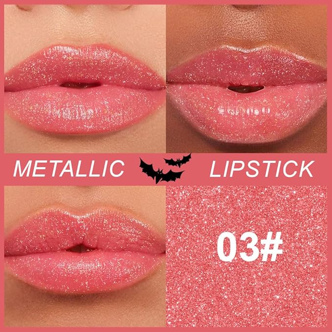 Kaely Glitter Metallic Lipstick Makeup, Shimmer Metallic Lipsticks for Women, High Pigmented Lip Gloss Long Lasting Waterproof Smudge Proof, Vegan & Cruelty-Free, 03