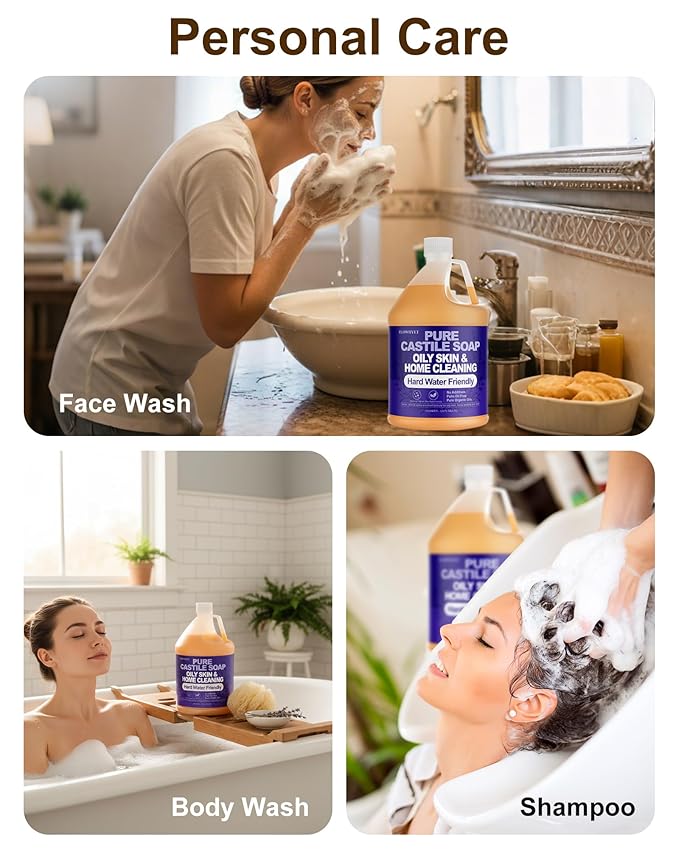 1 Gallon Lavender Liquid Castile Hand Soap Refill, Pure Natural Organic For Oily Skin, Hand, Bath, Body, Laundry, Dishes, Home Cleaning Vegan Hard Water Friendly - Lavender 128 Fl Oz