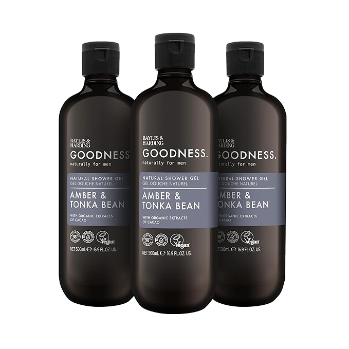 Baylis & Harding Goodness Men's Amber & Tonka Bean Natural Body Wash, 16.9 fl. oz (Pack of 3) - Biodegradable Formula - Vegan Friendly