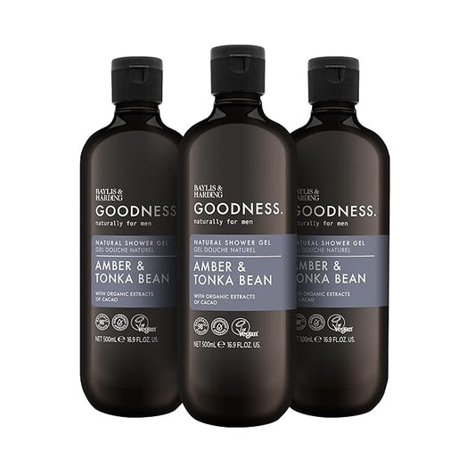 Baylis & Harding Goodness Men's Amber & Tonka Bean Natural Body Wash, 16.9 fl. oz (Pack of 3) - Biodegradable Formula - Vegan Friendly