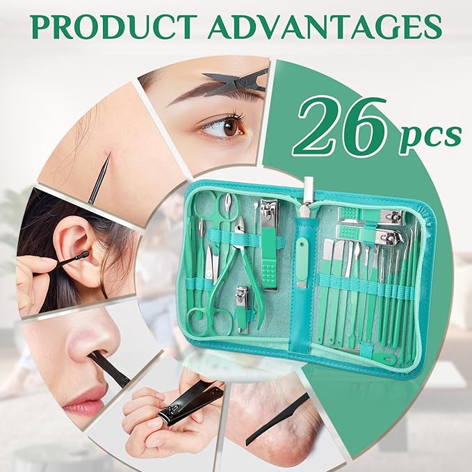Travel Manicure Set 26-Piece, Portable Nail Clippers Kit with PU Case, Carbon Steel Clippers, 410 Stainless Steel Grooming Tools, Hand Foot Facial Care for Luggage Backpack（Green）