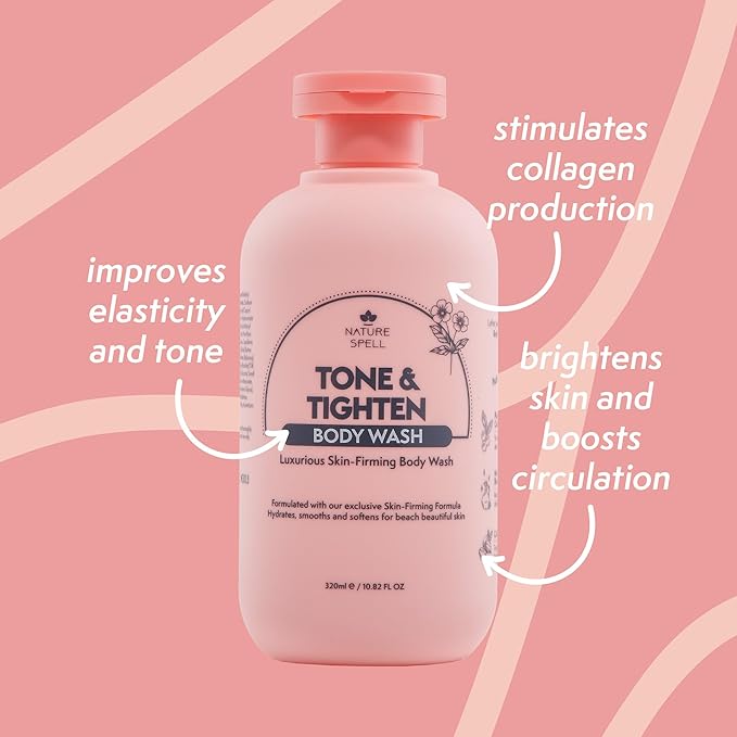 Nature Spell Tone & Tighten Body Care Gift Set for Women, Body Wash, Sugar Scrub and Cream with Hyaluronic Acid, Ginseng Extract and Plant Collagen, for All Skin Types, Vegan, Set of 3