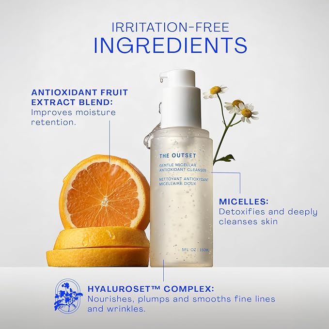 The Outset Micellar Antioxidant Cleanser, Hydrating Gel Face Wash & Makeup Remover, Brightening & Refreshing, Fragrance-Free, Vegan, Gluten-Free Clean Skincare for Sensitive Skin - 5 fl oz
