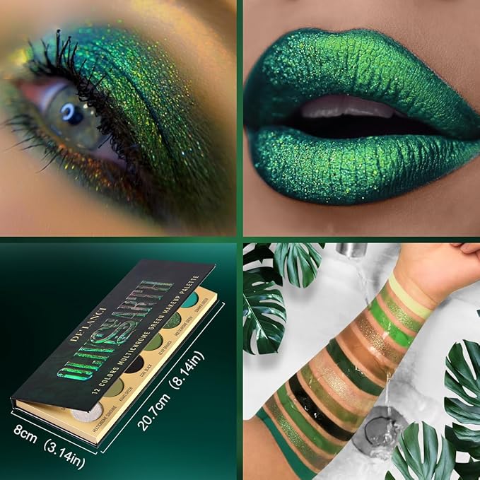 Olive Green Eyeshadow Palette, Brown Green Multichrome Eyeshadow for Nude Smokey Eyes, 12 Colors Bright Pigmented Matte Shimmer Glitter Long Last Makeup Palette for Daily, St Patrick's Day, Cos, Party