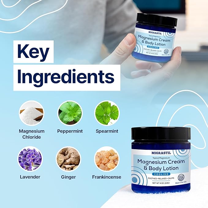 MIGRASTIL Cooling Magnesium Cream & Body Lotion - Promotes Sleep and Soothing Relief for Sore Muscles, Leg Discomfort, Etc. 4oz. Made in The USA.