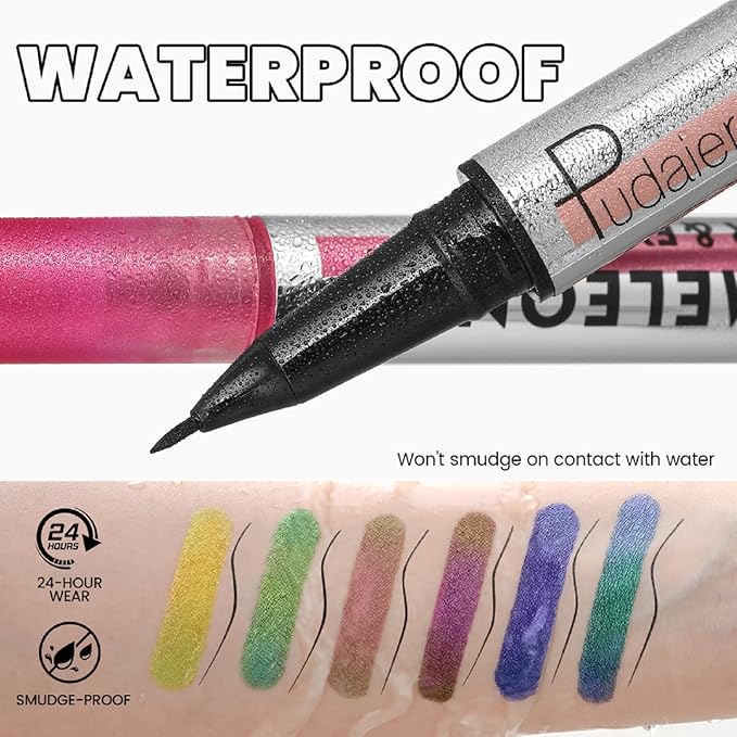 Pudaier Black and Multichrome Waterproof Liquid Eyeliner, Stay All Day Eye Liner Pen with Precise Tips for Women, Smudge-Proof & Transfer-Resistant, Vegan & Cruelty-Free