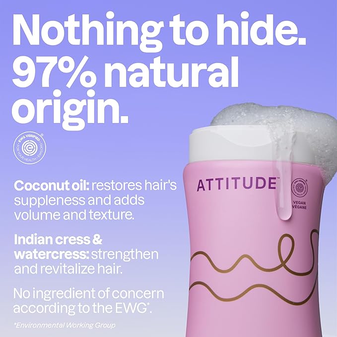ATTITUDE Amplifying Shampoo for Curly Hair with Coconut Oil, EWG Verified, Vegan and Naturally Derived Ingredients, 2a, 2b, 2c Curl Type, Gives body to Curls, 16 Fl Oz