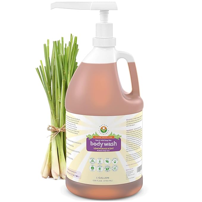 Nature Sustained Organic Body Wash & Face Wash – Raw & Wildcrafted with Probiotics, Soapberry Formula for Eczema & Psoriasis - Wild Plants Selected for Sensitive & Dry Skin, Gallon, Lemongrass