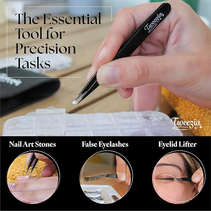 TWEEZIA Stainless Steel Tweezer Set - 4 Precision Tweezers with Mirror & Leather Case - Ideal Eyebrow Kit, Ingrown Hair Tweezers, Splinter Removal Kit or Pointed Tweezers for Beauty and Personal Care