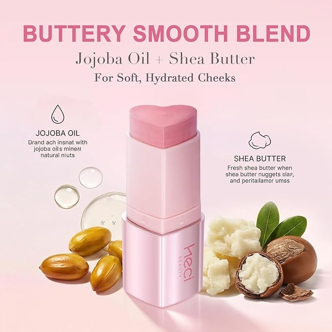 Cream Blush Stick, Heart-Shaped Cream-to-Powder Blush 0.25 oz – Soft-Focus Long-Lasting Cheek & Eye Color, Jojoba Oil & Shea Butter, Vegan & Cruelty-Free, Gift for Her,CANDY