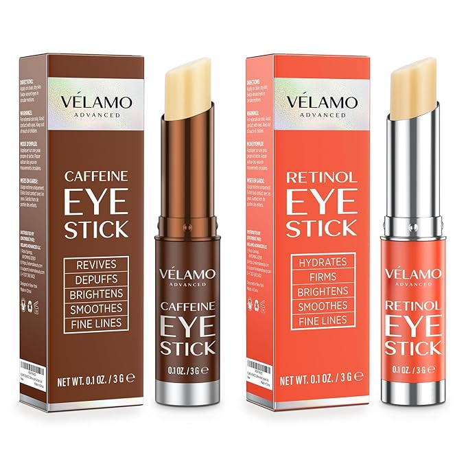 VELAMO ADVANCED Caffeine & Retinol Eye Stick Duo: Energizing & Renewing AM/PM Under Eye Balms for Dark Circles, Puffiness & Wrinkles - Travel Essentials, Portable & Perfect for On-the-go Use
