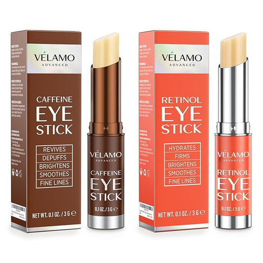 VELAMO ADVANCED Caffeine & Retinol Eye Stick Duo: Energizing & Renewing AM/PM Under Eye Balms for Dark Circles, Puffiness & Wrinkles - Travel Essentials, Portable & Perfect for On-the-go Use