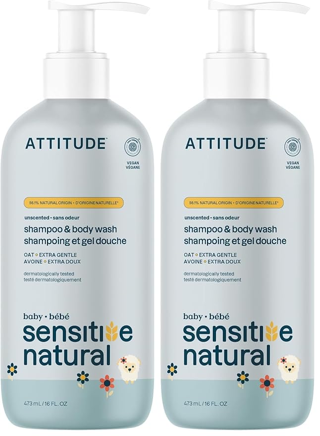 ATTITUDE 2-in-1 Shampoo and Body Wash for Baby,EWG Verified,Plant- and Mineral-Based Ingredients,Vegan-and Cruelty-Free Products for Sensitive Skin,Unscented,16 Fl Oz,(Pack of 2)
