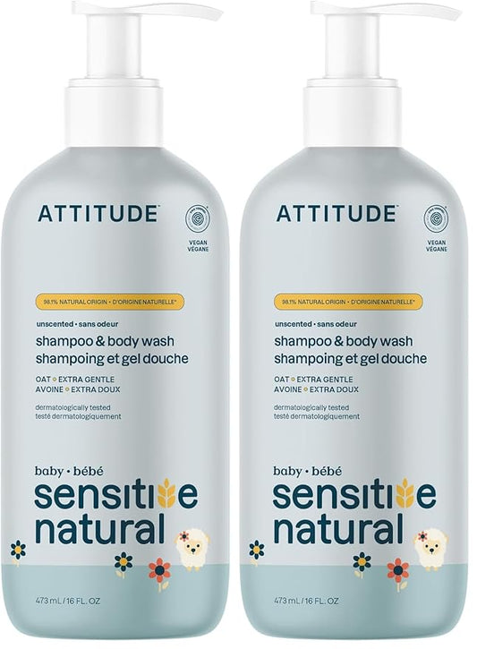 ATTITUDE 2-in-1 Shampoo and Body Wash for Baby,EWG Verified,Plant- and Mineral-Based Ingredients,Vegan-and Cruelty-Free Products for Sensitive Skin,Unscented,16 Fl Oz,(Pack of 2)