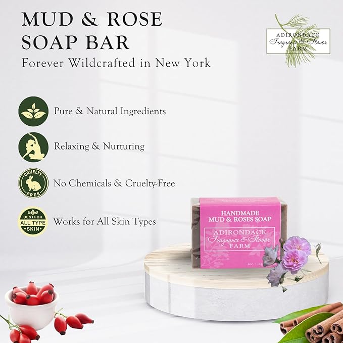 Adirondack Fragrance & Flavor Farm ADK Natural Mud & Rose Soap Bar 4 oz., Handmade Vegan Olive Oil Body Soap for Dry and Sensitive Skin, Moisturising for Men, Women & Babies, Produced in the USA