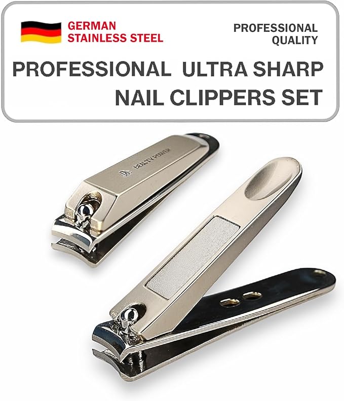 Nail Clippers Set 3 in 1 - Stainless Steel Toe Nail Clippers, Fingernail Clipper, Glass Nail File, Anti Splash, Ergonomic Grip in Black PU Leather Travel Case for Men & Women - Gift Idea