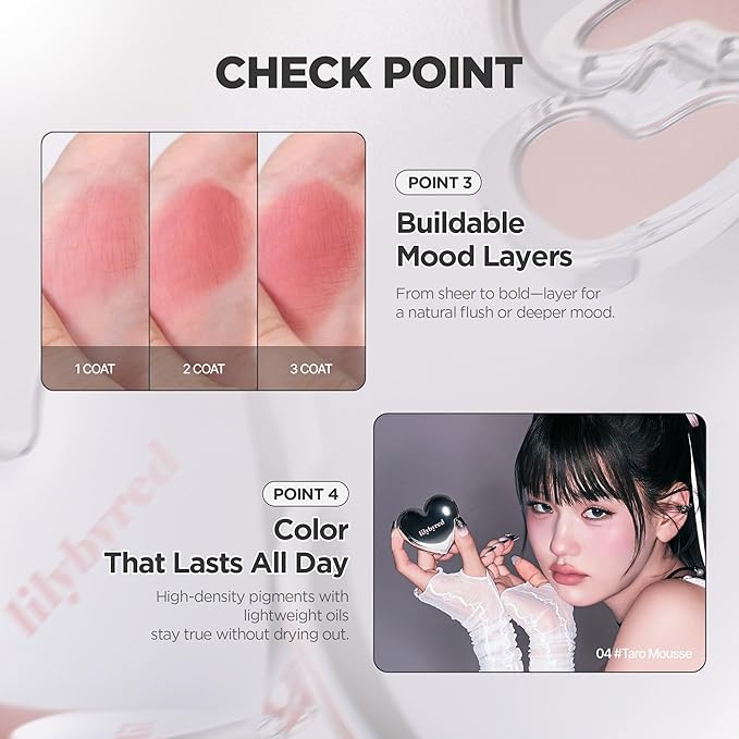 lilybyred Luv Beam Cheek Mousse | Heart-Shaped Korean Cream Blush, Airy Soft-Matte Texture, Soft-Focus & Pore-Blurring Finish, Seamless Buildable, Natural Flush, 0.13 oz. (02 Cherry Mousse)