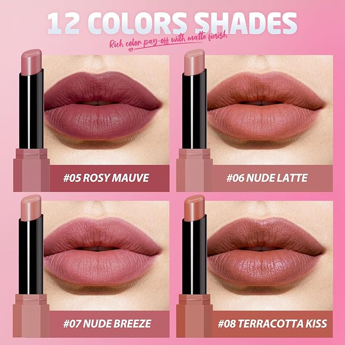 Jolilab 2Pcs Velvet Matte Lipstick Nude Matte Soft Dark Color Stick High Pigmented Long-Lasting Waterproof Lip Stick Lip Balm Beauty Cosmetics Gift for Women(#09+10)