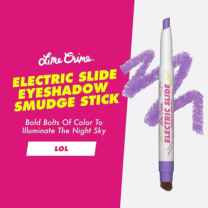 Lime Crime Electric Slide Eyeshadow & Brush Stick, LOL (Metallic Lavender) - Lightweight 2-in-1 Eyeshadow Smudge Stick with Angled Brush for Long Lasting Bold Color - Vegan
