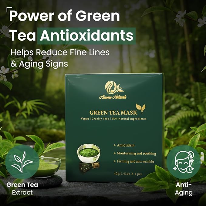 Green Tea Face Mask – Vegan Facial Mask with Green Tea Extract, Glycerin & Hyaluronic Acid, Moisturizing Face Mask for Skin Care, Cruelty-Free | 4-Count (40g Each)
