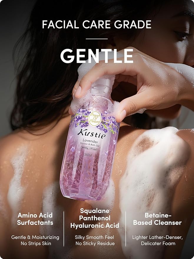 Kustie Petal Body Wash - Lavender Petals, Tea Tree Oil, Squalane & Hyaluronic Acid | Acne-Fighting, Calming & Hydrating Cleanser | Vegan, Sulfate-Free for Sensitive & Oily Skin, 12.8 fl oz