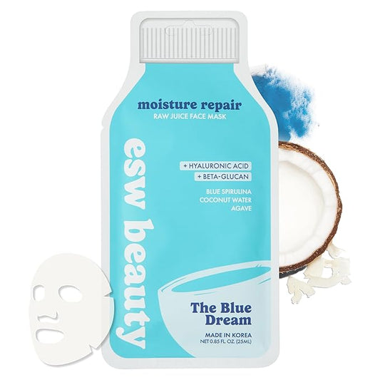 ESW Beauty The Blue Dream - Moisture Repair Raw Juice Face Mask - Hydrating with Blue Spirulina, Coconut Water & Agave for Dry, Sensitive Skin - Replenishes & Fights Aging