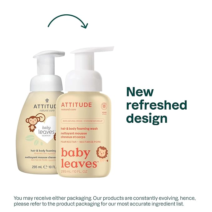 ATTITUDE 2-in-1 Hair and Body Foaming Baby Wash, EWG Verified Shampoo Soap, Dermatologically Tested, Made with Naturally Derived Ingredients, Vegan, Pear Nectar, 10 Fl Oz