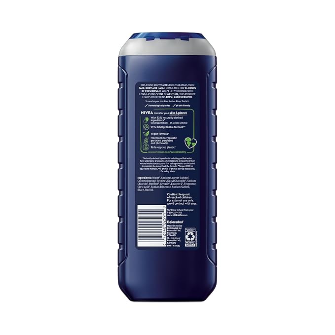 NIVEA MEN Fresh Wave Body Wash with Menthol, Refreshing Scent, 3-in-1 Men's Body Wash, Face and Hair, Paraben Free, Vegan Formula, 16.9 Fl Oz Bottle, Pack of 3