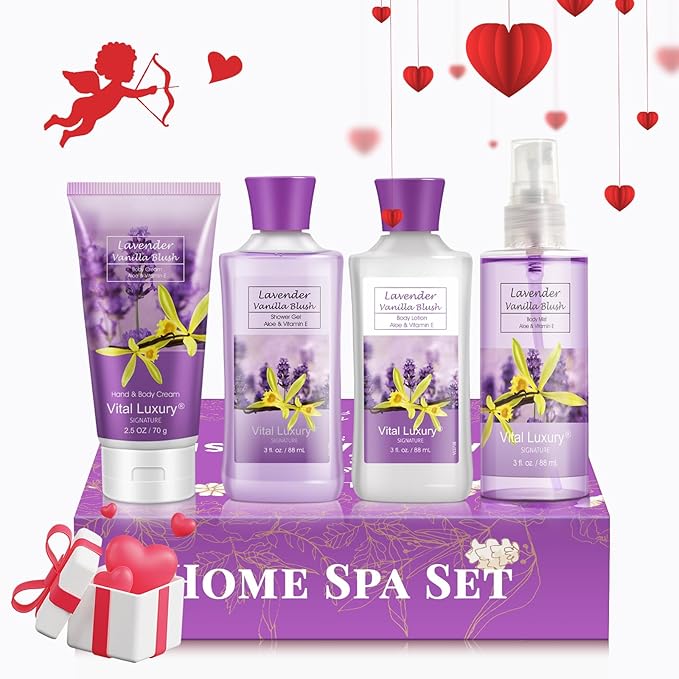 Bath and Body Gift Set, Lavender Vanilla Blush 4-Piece Skincare Collection - Lotion, Shower Gel, Hand and Body Cream, Body Mist, 3 Fl Oz Each, Holiday Gift for Her/Mom/Girlfriend/Sister