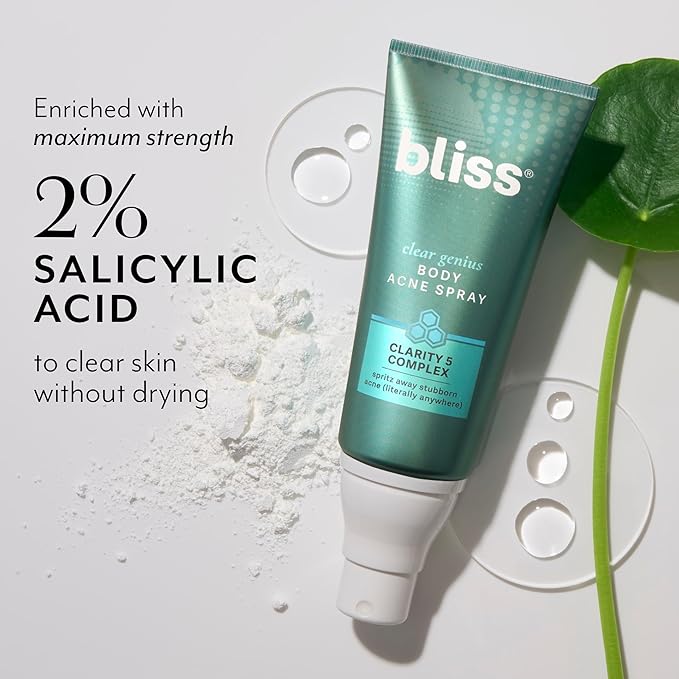 Bliss Clear Genius Body Acne Spray - 3.5 Fl Oz - Maximum Strength 2% Salicylic Acid & Niacinamide - Targets Body Acne & Prevents Future Breakouts - Post Workout - Clean - Vegan & Cruelty-Free