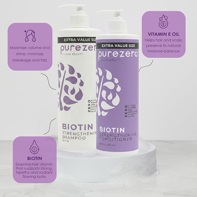 Purezero Biotin Shampoo & Conditioner Set - Anti Thinning Formula - Volumizing, Thicker, Fuller Hair - Zero Sulfates, Parabens, Dyes, Gluten - 100% Vegan & Cruelty Free (20 Fl Oz (Pack of 2))