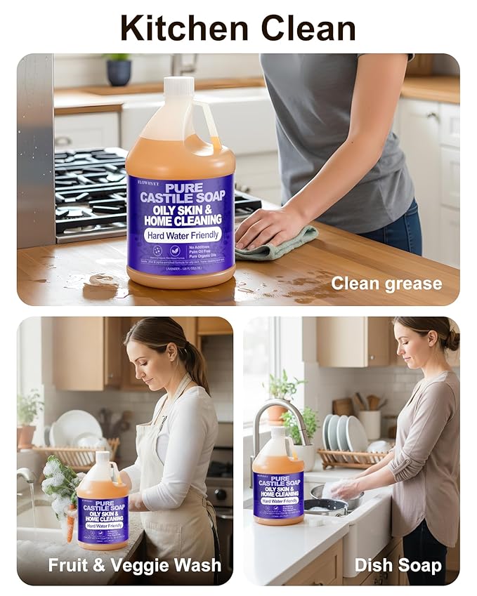 1 Gallon Lavender Liquid Castile Hand Soap Refill, Pure Natural Organic For Oily Skin, Hand, Bath, Body, Laundry, Dishes, Home Cleaning Vegan Hard Water Friendly - Lavender 128 Fl Oz