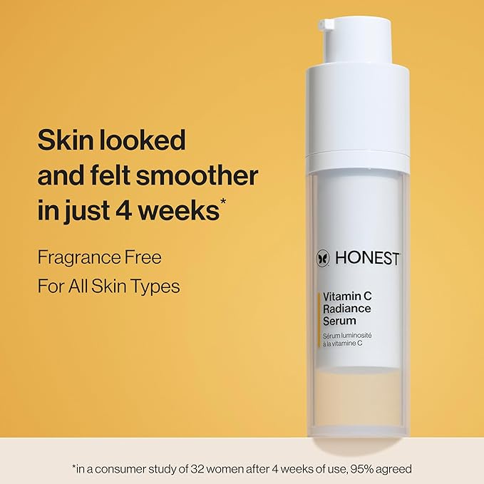 Honest Beauty Vitamin C Radiance Serum, Improves Brightens Skin Tone and Complexion, Gentle for Sensitive Skin, Fragrance-Free, Vegan, 1 fl oz