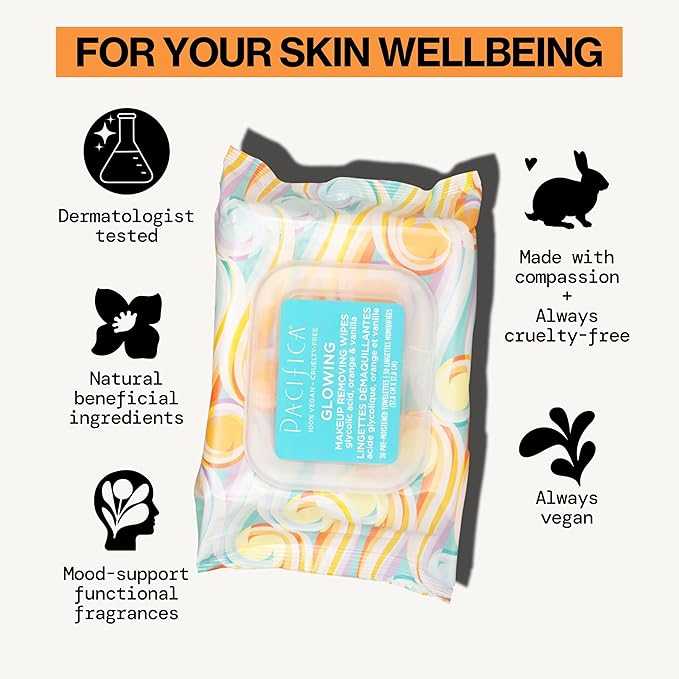 Pacifica Glowing Makeup Remover Wipes – With Glycolic Acid for AHA Exfoliating and Facial Cleansing – No Rinse Face Cleaning Towelettes – Dermatologist Tested, Vegan & Cruelty-Free – 30 Pack