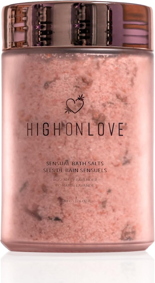 High On Love Bath Salts - Pink Himalayan & Epsom Salt Blend with Soothing Vitamin E & Premium Hemp Seed Oil - Real Dried Rose, Lavender and Rosemary Inclusions (Rosemary Lavender)