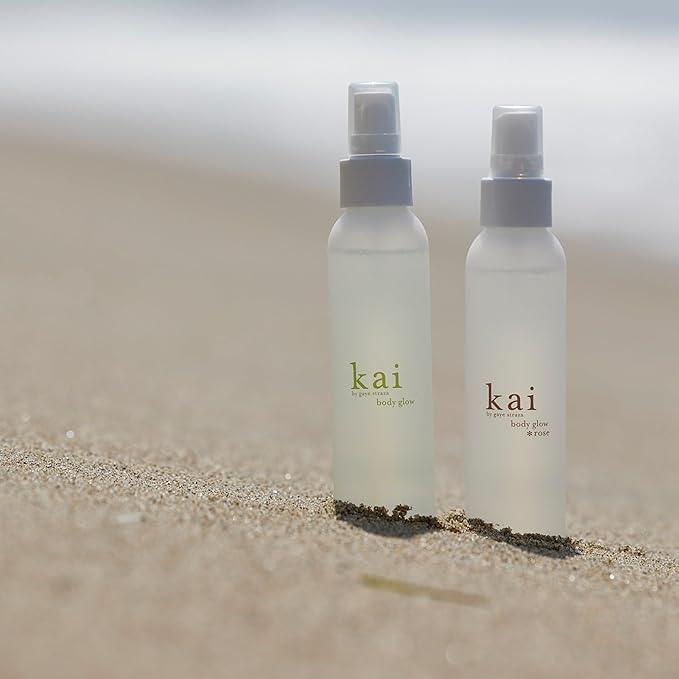 kai body glow rose, 4 Fl Oz, dry body oil with jojoba, chamomile, cucumber extracts, moisturizes and leaves a radiant glow with a fresh + clean fragrance, layered with rose absolute, made in the usa