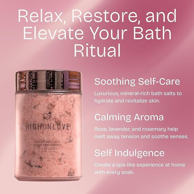 High On Love Bath Salts - Pink Himalayan & Epsom Salt Blend with Soothing Vitamin E & Premium Hemp Seed Oil - Real Dried Rose, Lavender and Rosemary Inclusions (Rosemary Lavender)